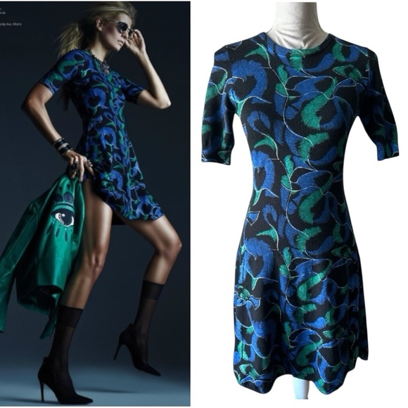 Kenzo Fit & Flare Short Sleeve Printed Wool Dress - Black Blue Green - Medium - Picture 1 of 7